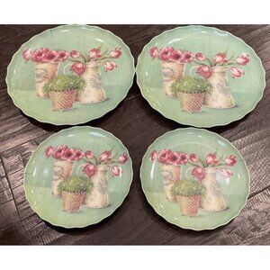 Momentum Brands Melamine Green Dessert Dinner Plates Pink Tulips Garden Set of 4